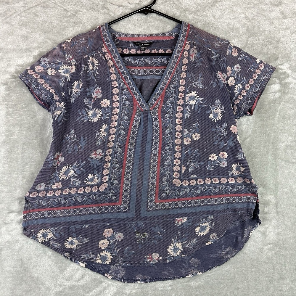 Lucky Brand Top Women's M Blue Pink Floral Print V-Neck